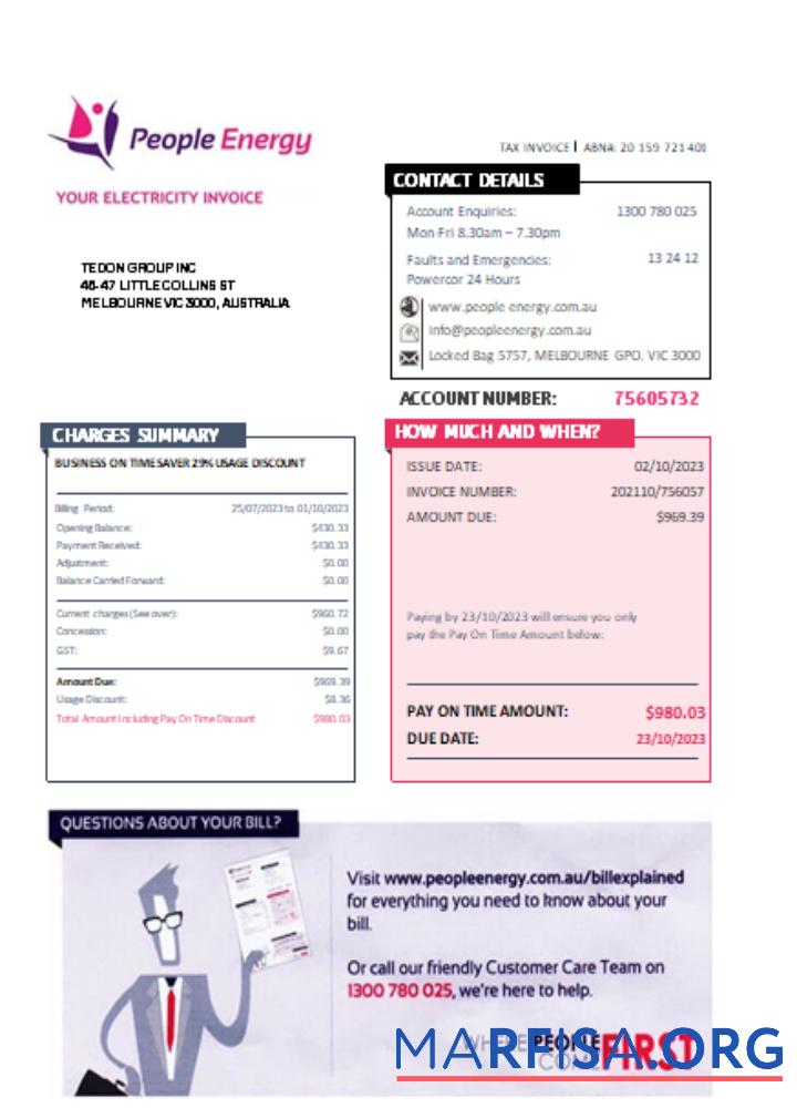 Printable People Energy electricity utility business bill, SCR real example